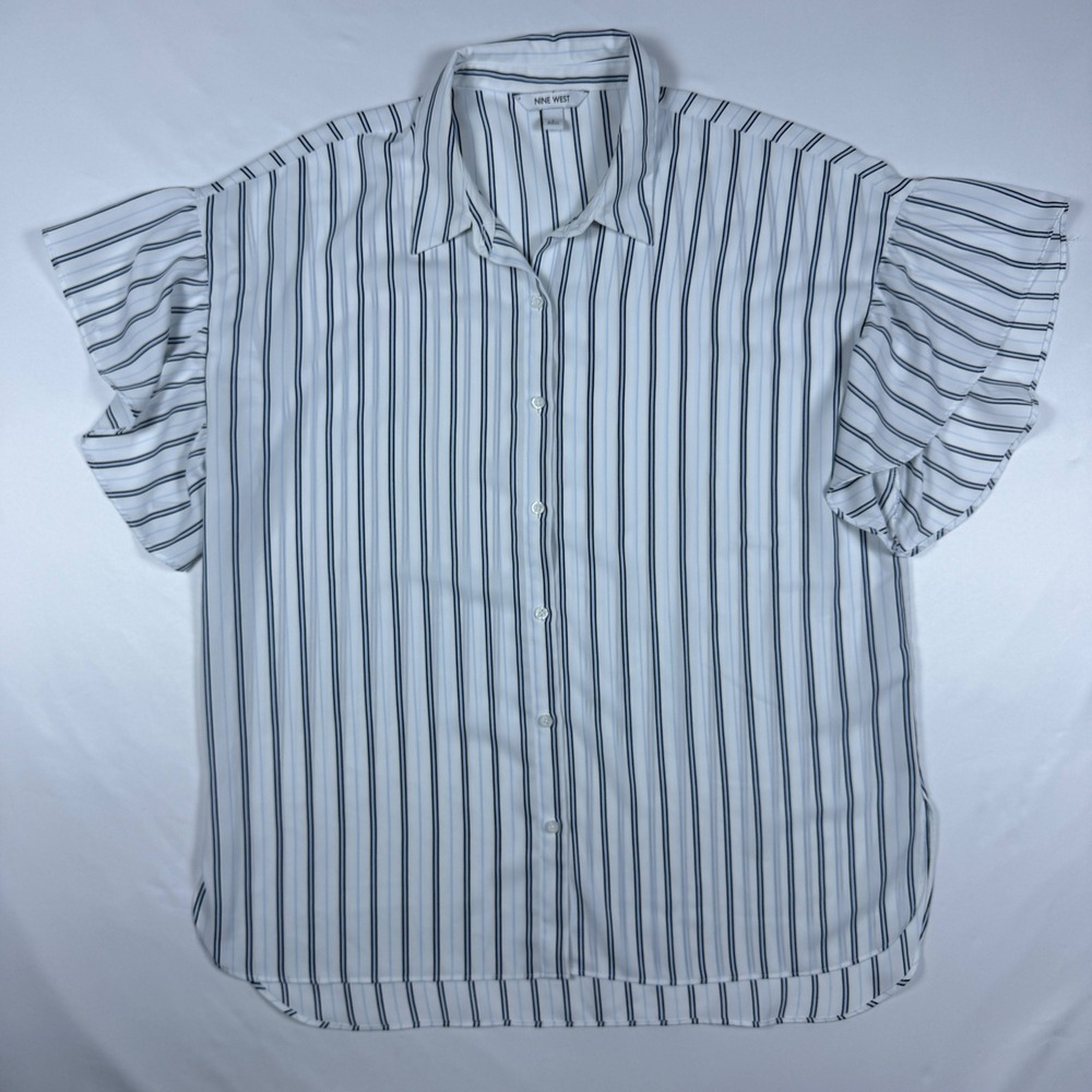 Nine West Button Front Blouse Women L White Blue Striped‎ Flutter Sleeve D63